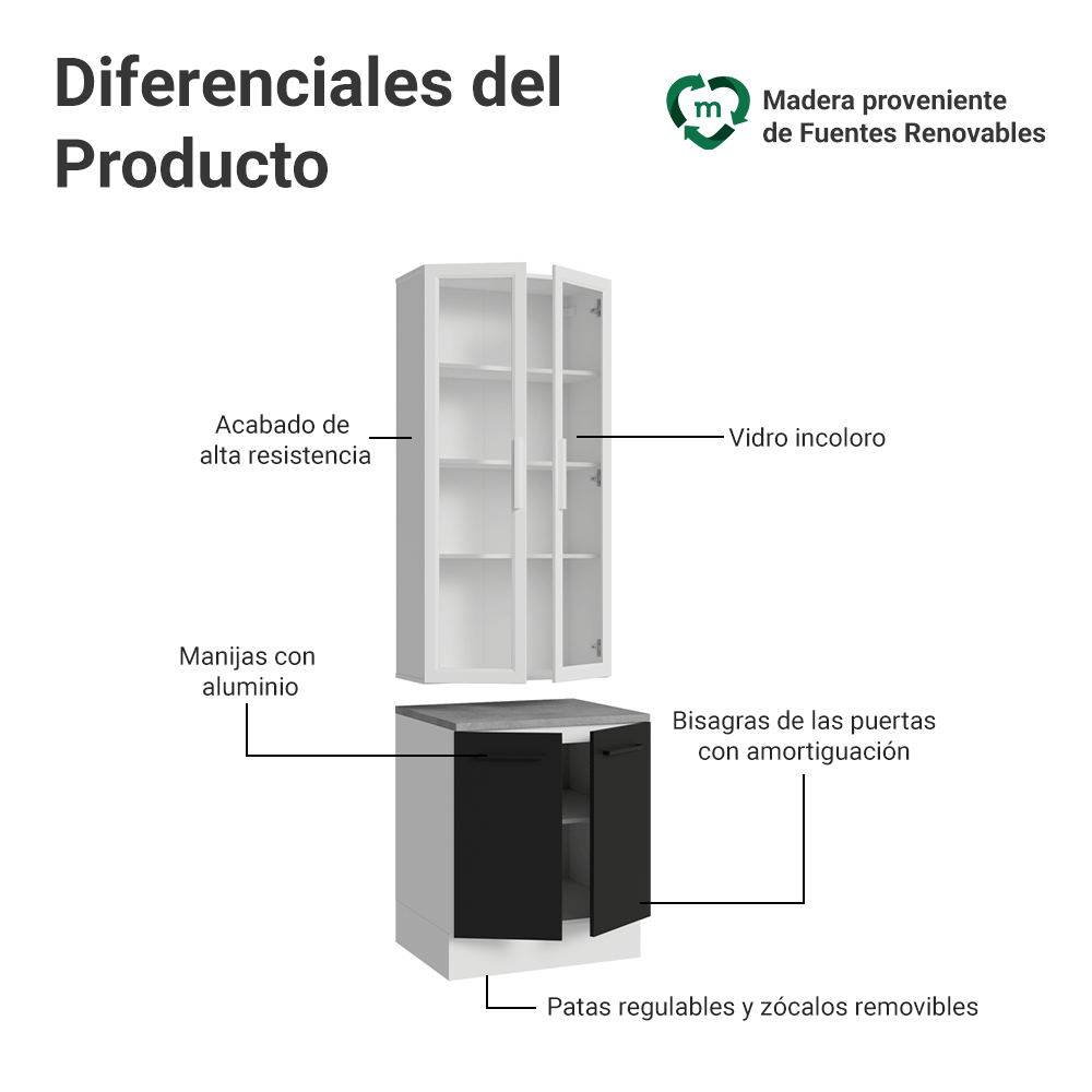 Kit Bajo Mesada + Cristalero 70cm Blanco/Negro Agata Madesa 02