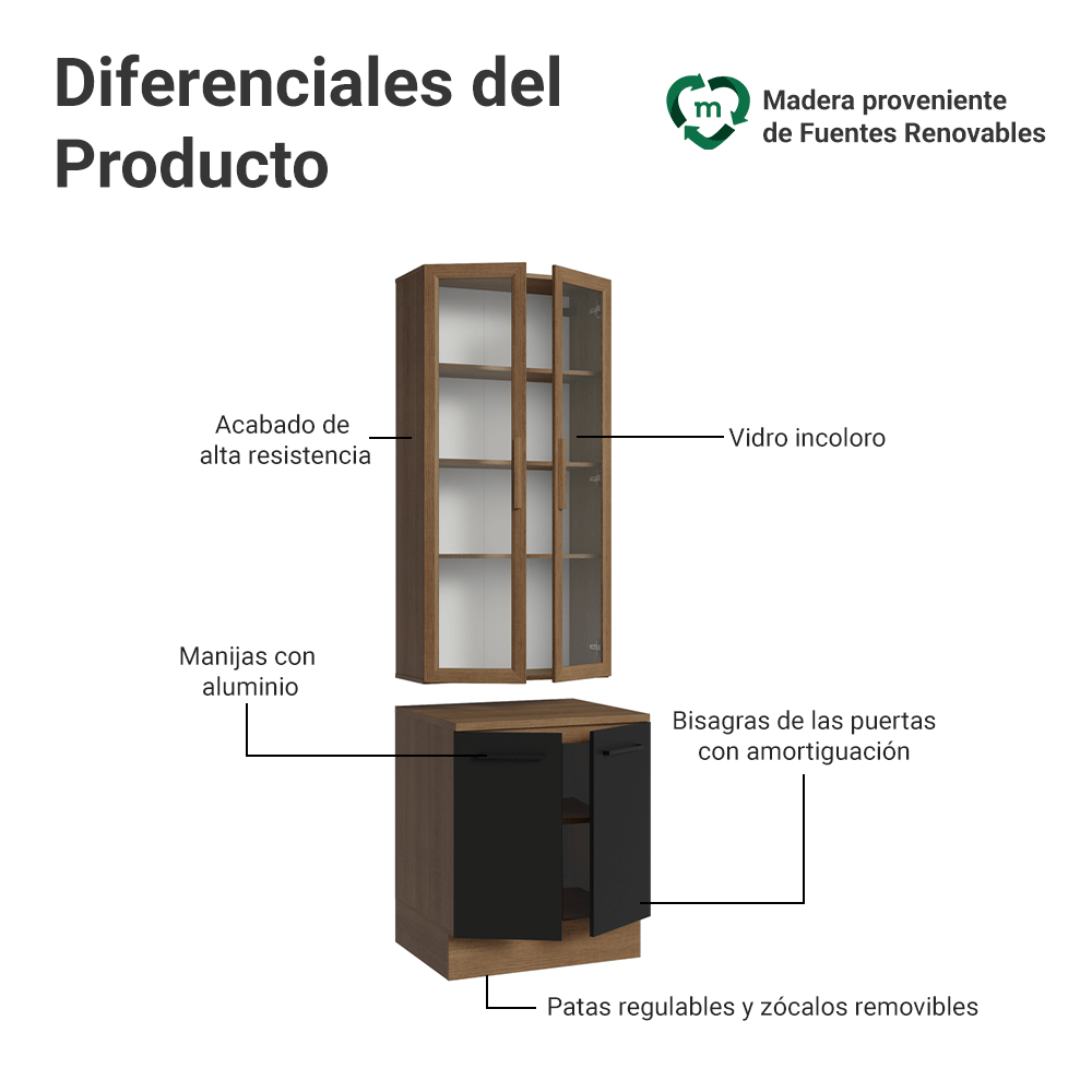 Kit Bajo Mesada + Cristalero 70cm Marrón/Negro Agata Madesa 02