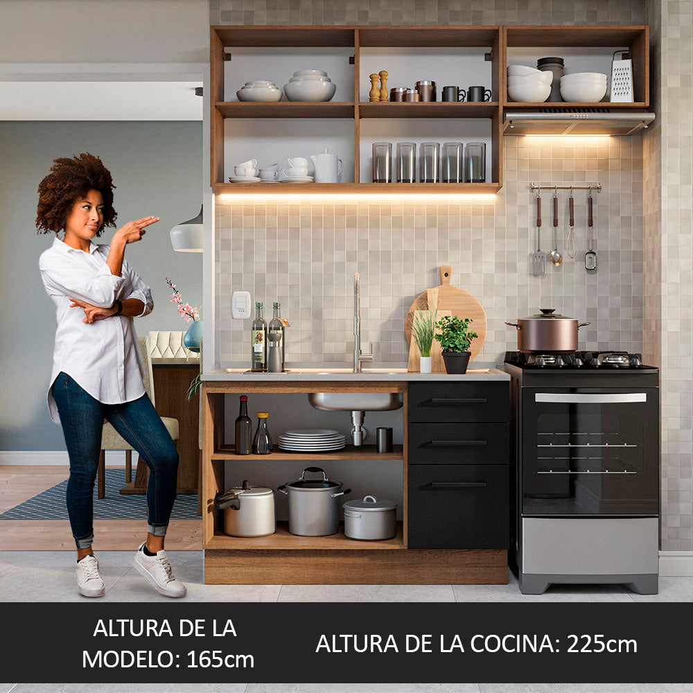 Cocina Compacta 180 cm 5 Puertas 3 Cajones Sin Mesada Marrón/Negro Agata Madesa