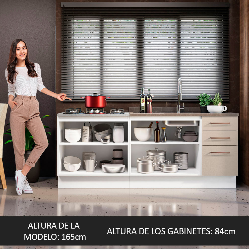 Kit Con 2 Bajo Mesada de Cocina com 3 Cajones y 4 Puertas (Sin Tapa Ni Bacha de acero inoxidable) Blanco/Crema Agata Madesa