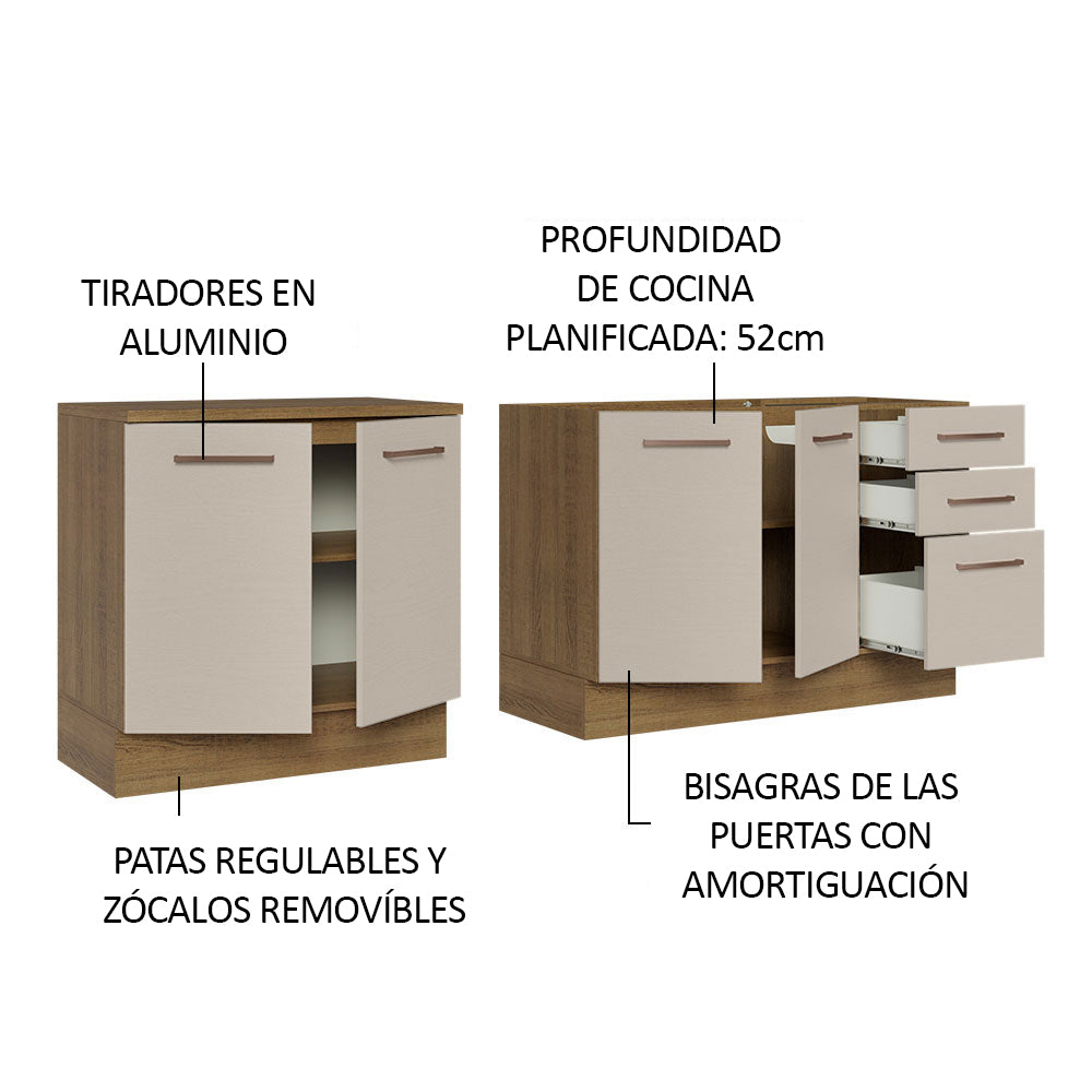 Kit Con 2 Bajo Mesada de Cocina 3 Cajones y 4 Puertas (Sin Tapa Ni Bacha de acero inoxidable) Marrón/Crema Agata Madesa