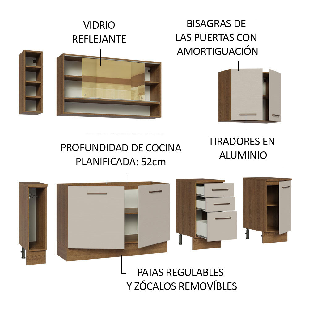 Kit Completo de Cocina 220 cm 7 Puertas 3 Cajones Sin Mesada Marrón/Crema Agata Madesa