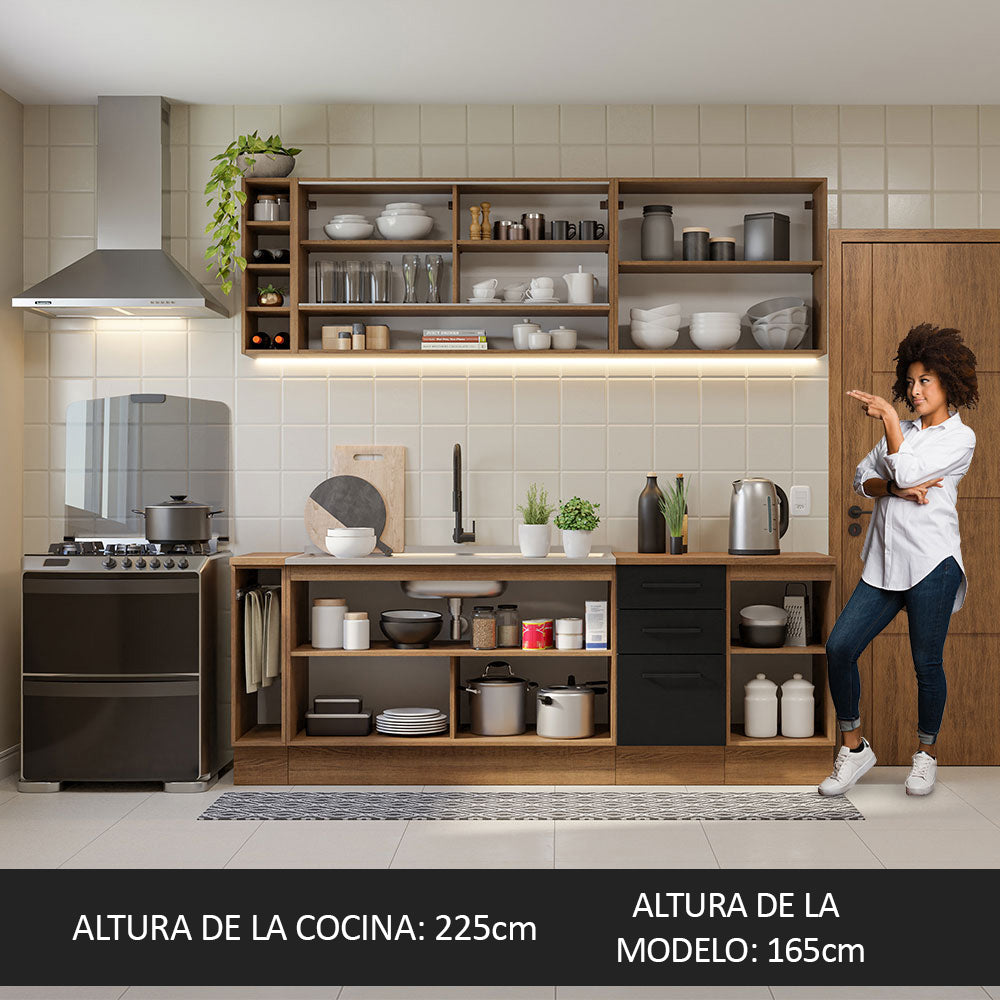 Kit Completo de Cocina 220 cm 7 Puertas 3 Cajones Sin Mesada Marrón/Negro Agata Madesa