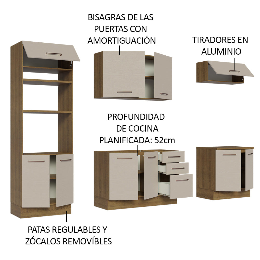 Combo completo de Cocina 270 cm 10 Puertas 3 Cajones Sin Mesada Marrón/Crema Agata Madesa