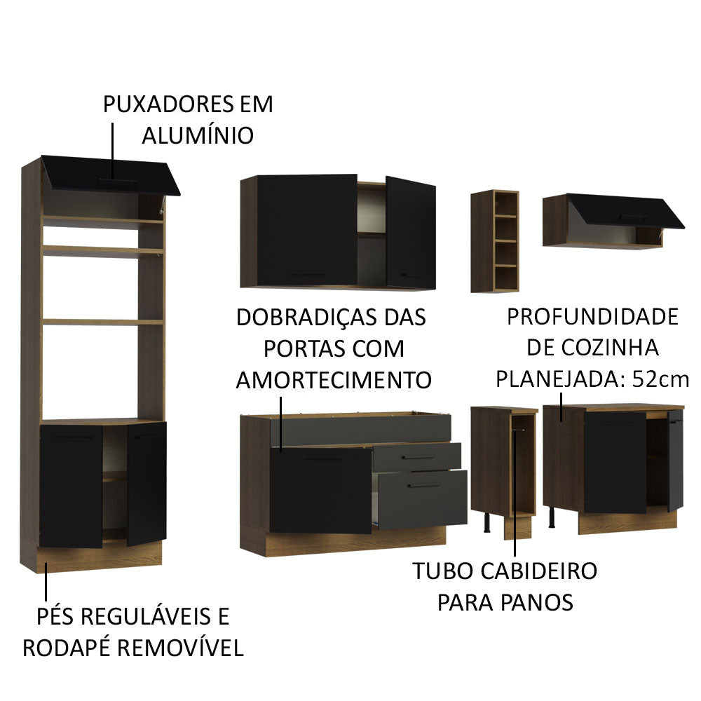 Combo completo de Cocina 290 cm 9 Puertas 2 Cajones Sin Mesada Marrón/Negro Agata Madesa