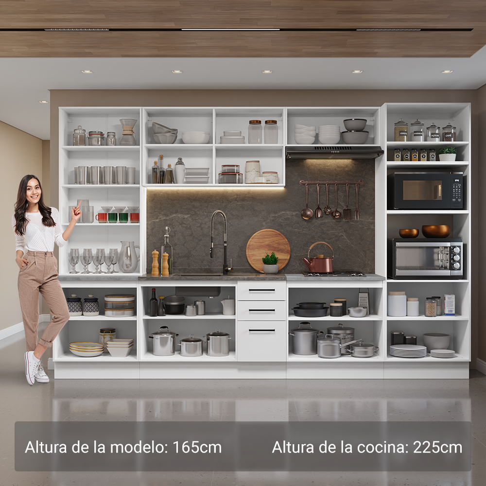 Combo completo de Cocina 340 cm 14 Puertas 3 Cajones con Cristalero Sin Mesada Blanco Agata Madesa