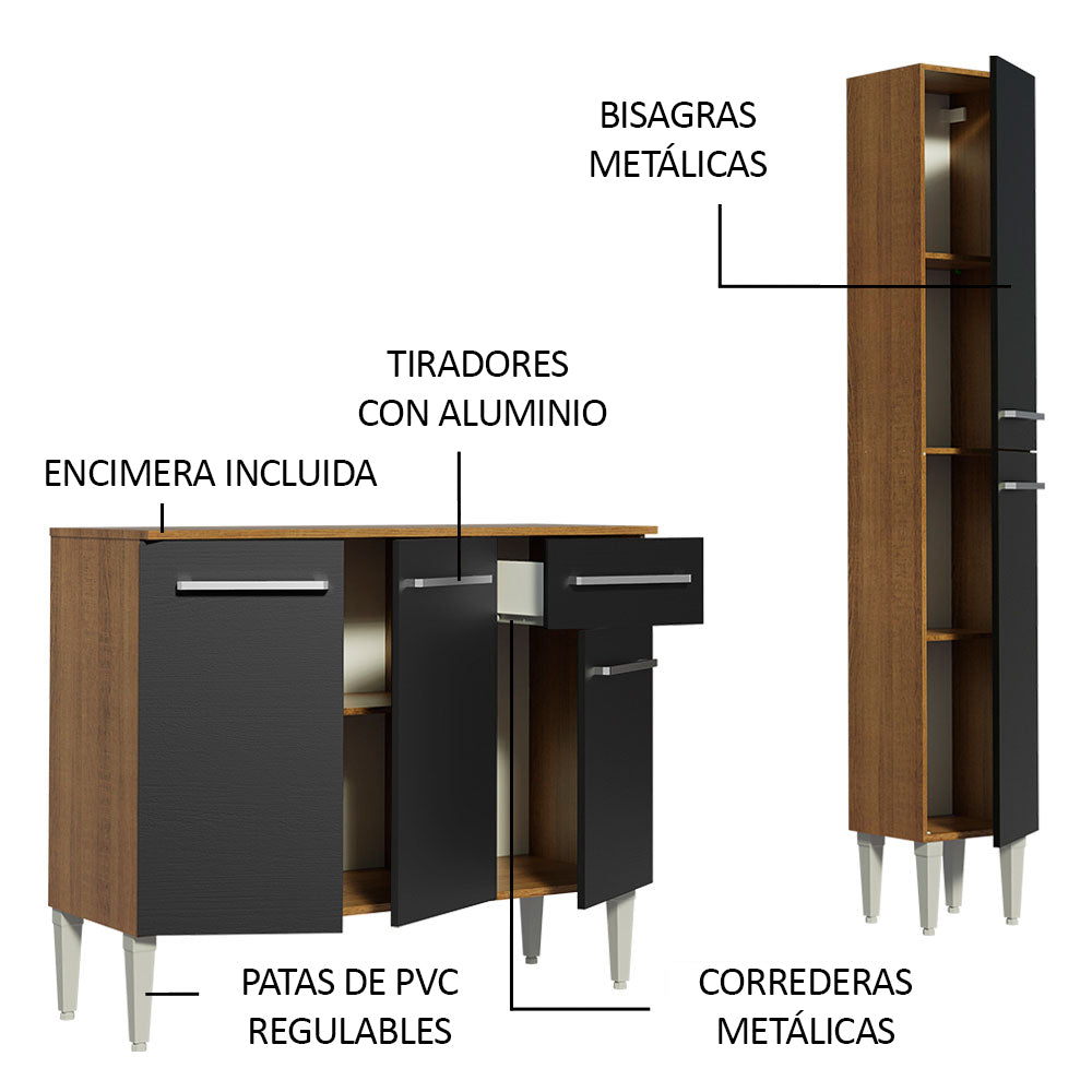 Combo de Cocina 137cm Marrón/Negro Emilly Silver Madesa 01