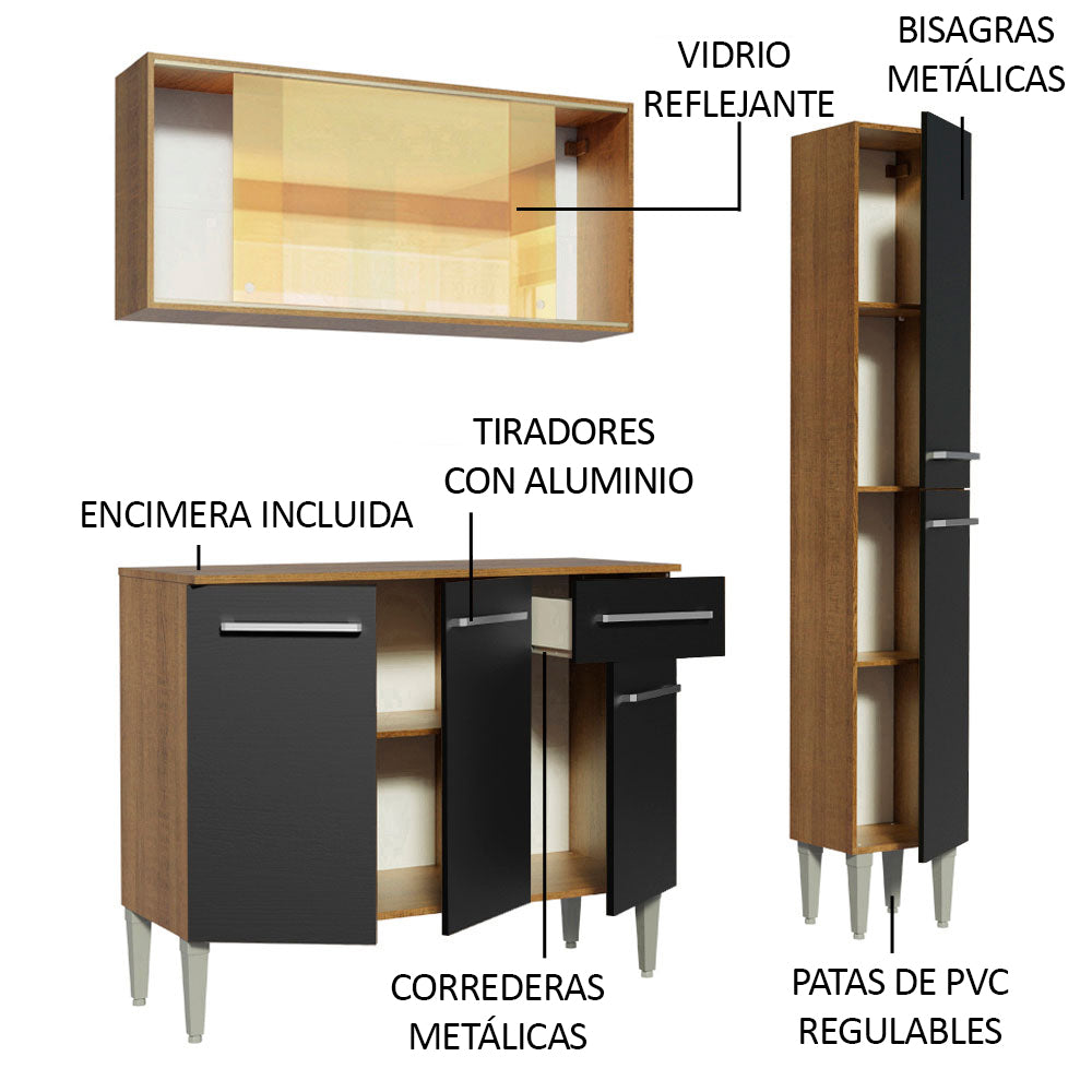 Cocina Compacta 137 cm 7 Puertas 1 Cajón Marrón/Negro Emilly Madesa