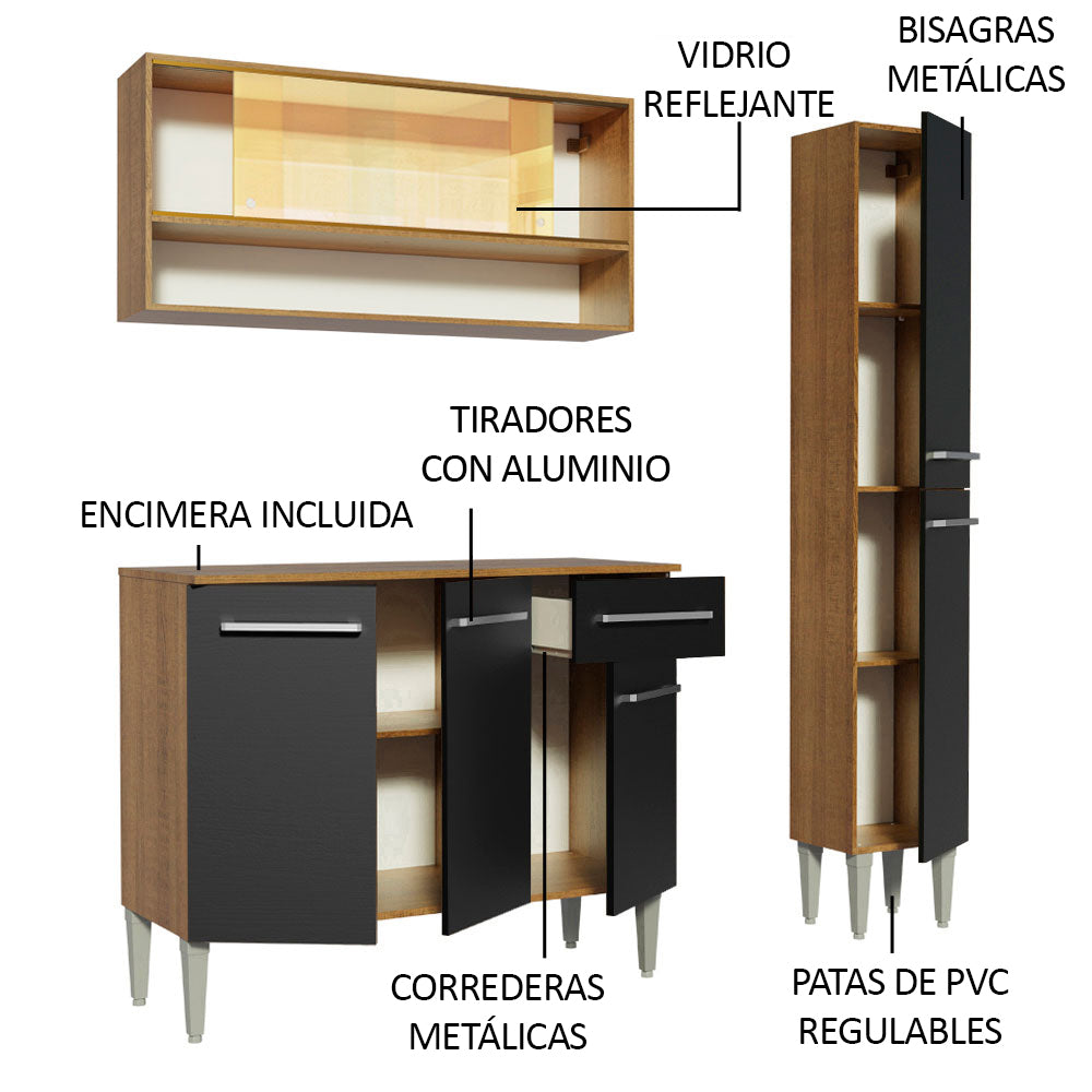 Cocina Compacta 137 cm 7 Puertas 1 Cajón Marrón/Negro Emilly Madesa