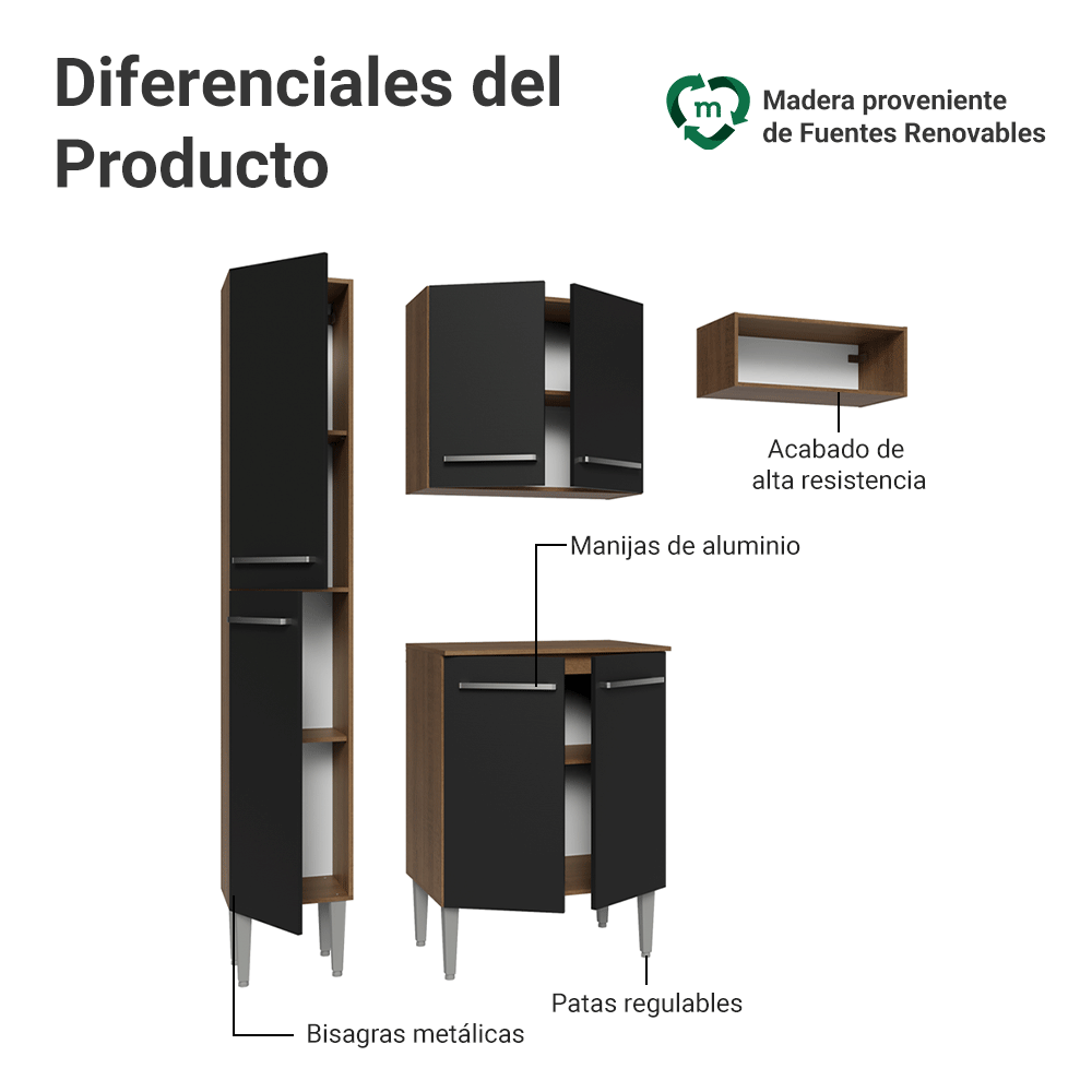 Cocina Compacta 156 cm Emilly Marrón/Negro 03