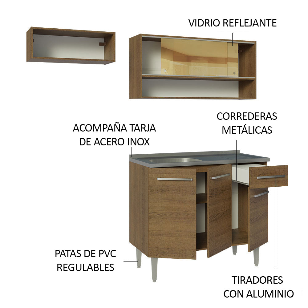Combo de Cocina Compacta 165cm con Bacha de acero inoxidable Marrón Emilly Madesa 01