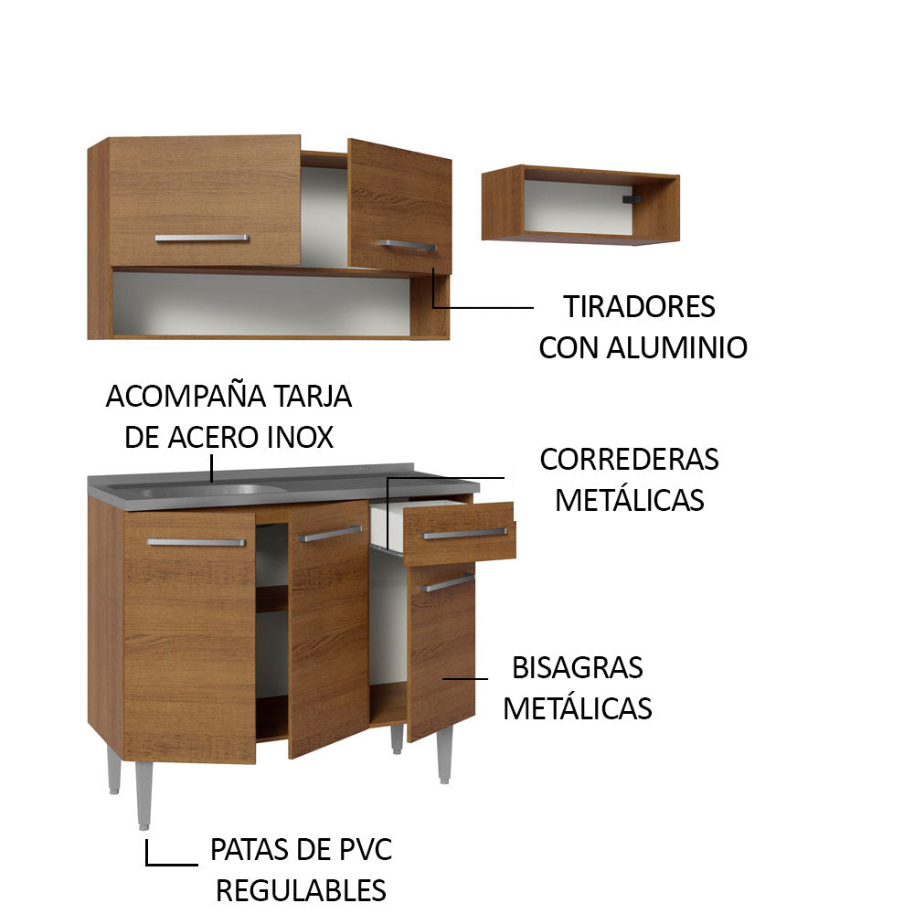 Cocina Compacta 165 cm 5 Puertas 1 Cajón con Bacha de Acero Inoxidable Marrón Emilly Madesa