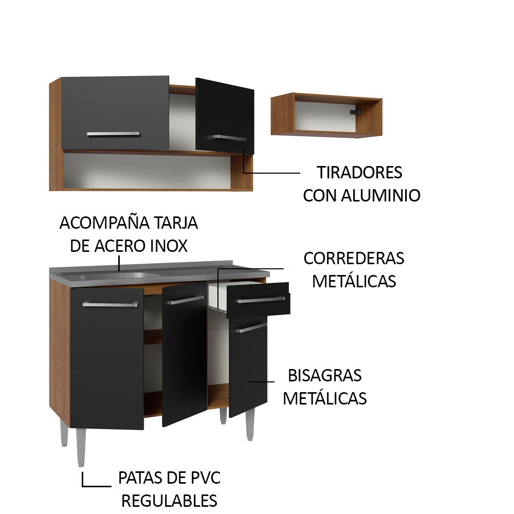Cocina Compacta 165 cm 5 Puertas 1 Cajón con Bacha de Acero Inoxidable Marrón/Negro Emilly Madesa