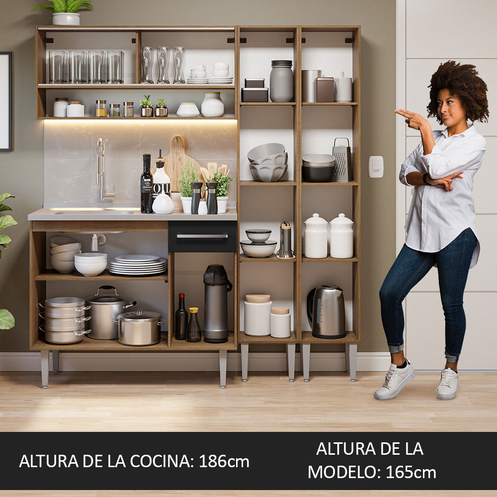 Cocina Compacta 169 cm 9 Puertas 1 Cajón con Bacha de Acero Inoxidable Marrón/Negro Emilly Madesa 14