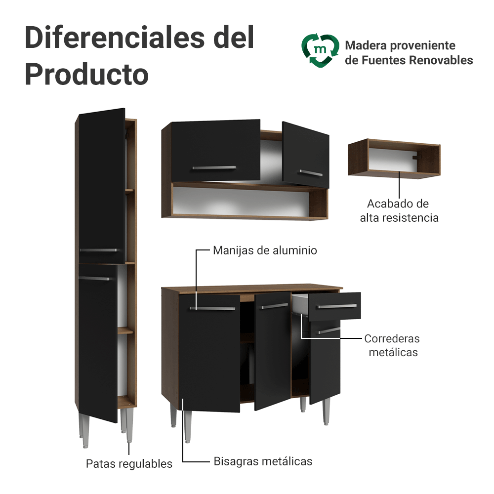 Cocina Compacta 197 cm Emilly Marrón/Negro 02