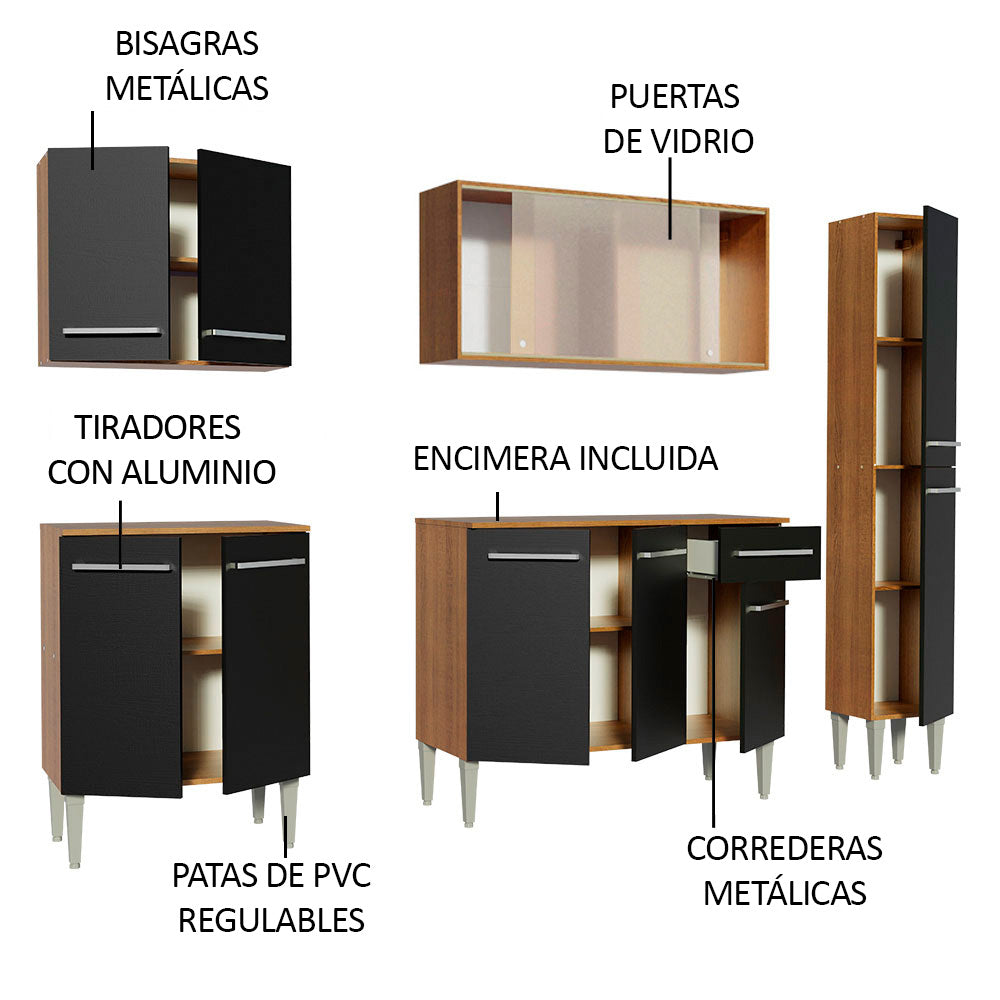 Combo de Cocina 201cm Marrón/Negro Emilly Fast Madesa 02