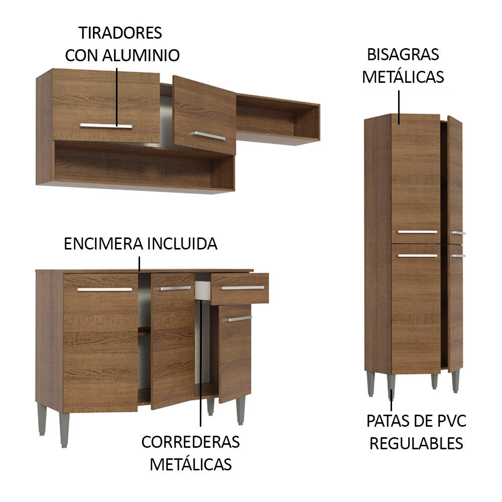 Combo completo de Cocina 229 cm 9 Puertas 1 Cajón Marrón Emilly Madesa
