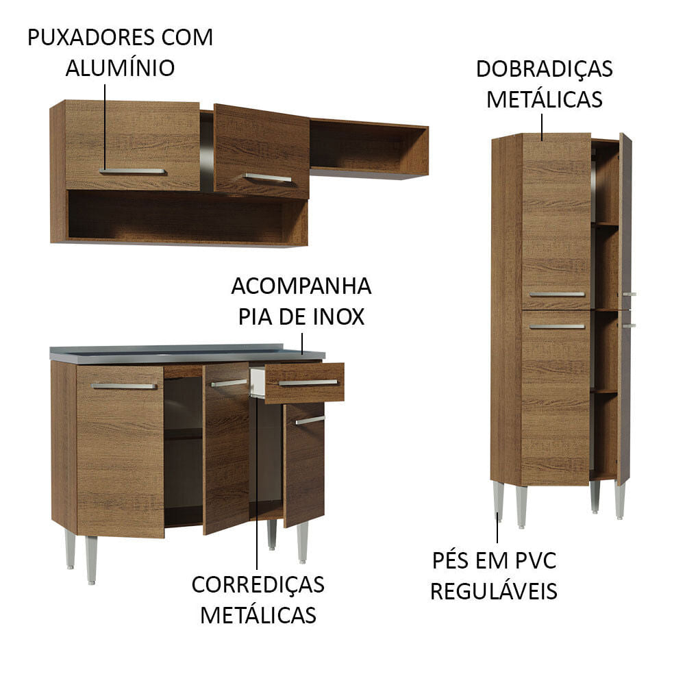 Combo completo de Cocina 229 cm 9 Puertas 1 Cajón con Bacha de Acero Inoxidable Marrón Emilly Madesa