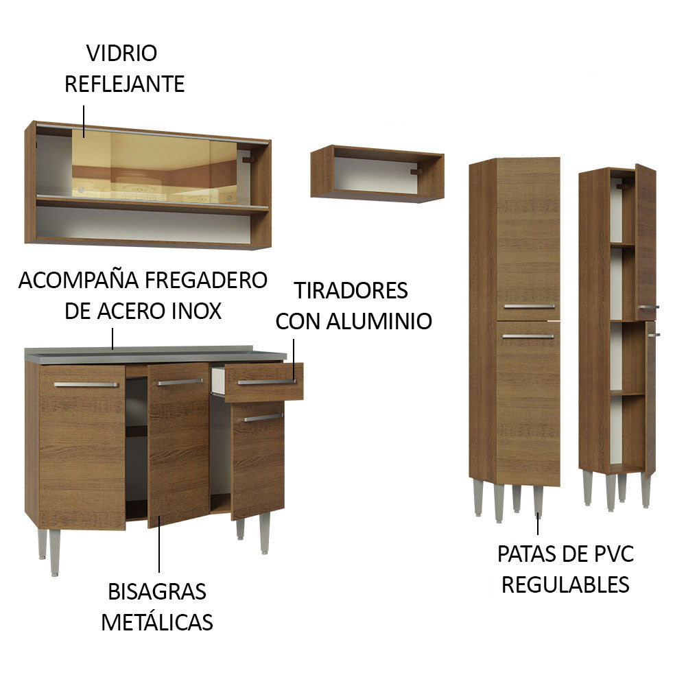 Combo completo de Cocina 229cm Con Bacha de acero inoxidable Emilly Madesa 11 Marrón