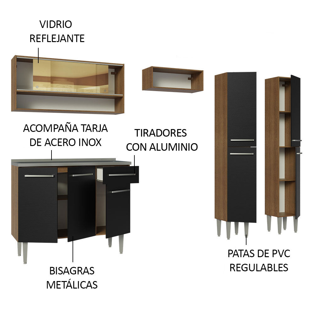 Combo completo de Cocina 229cm Con Bacha de acero inoxidable Emilly Madesa 11 Marrón/Negro