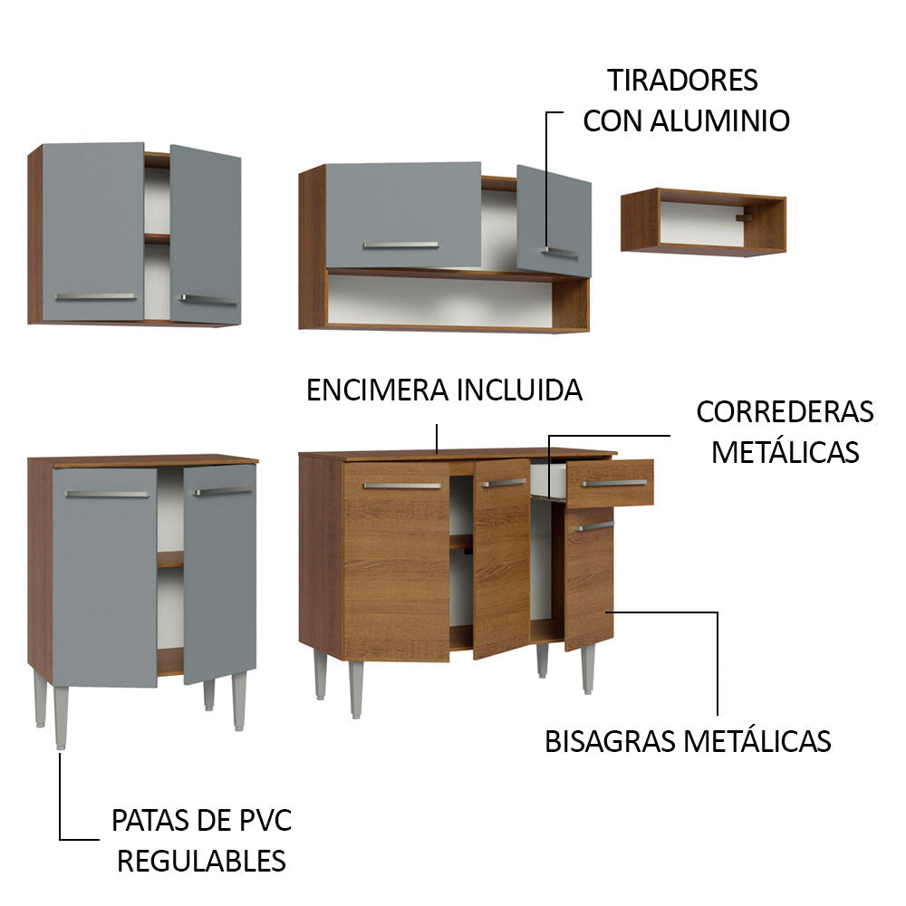 Combo completo de Cocina 229 cm 9 Puertas 1 Cajón Marrón/Gris Emilly Madesa