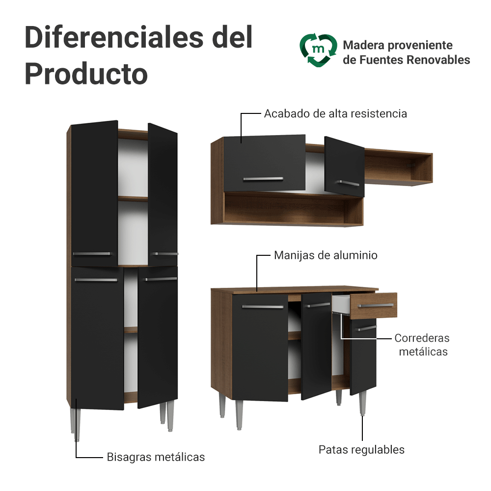 Cocina Compacta 229 cm Emilly Marrón/Negro 016