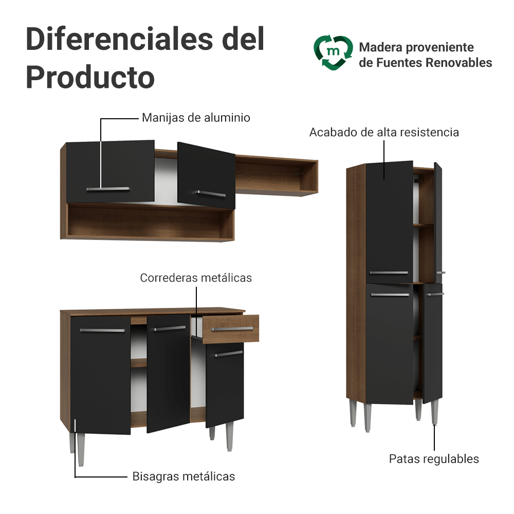 Cocina Compacta 229 cm Emilly Marrón/Negro 017