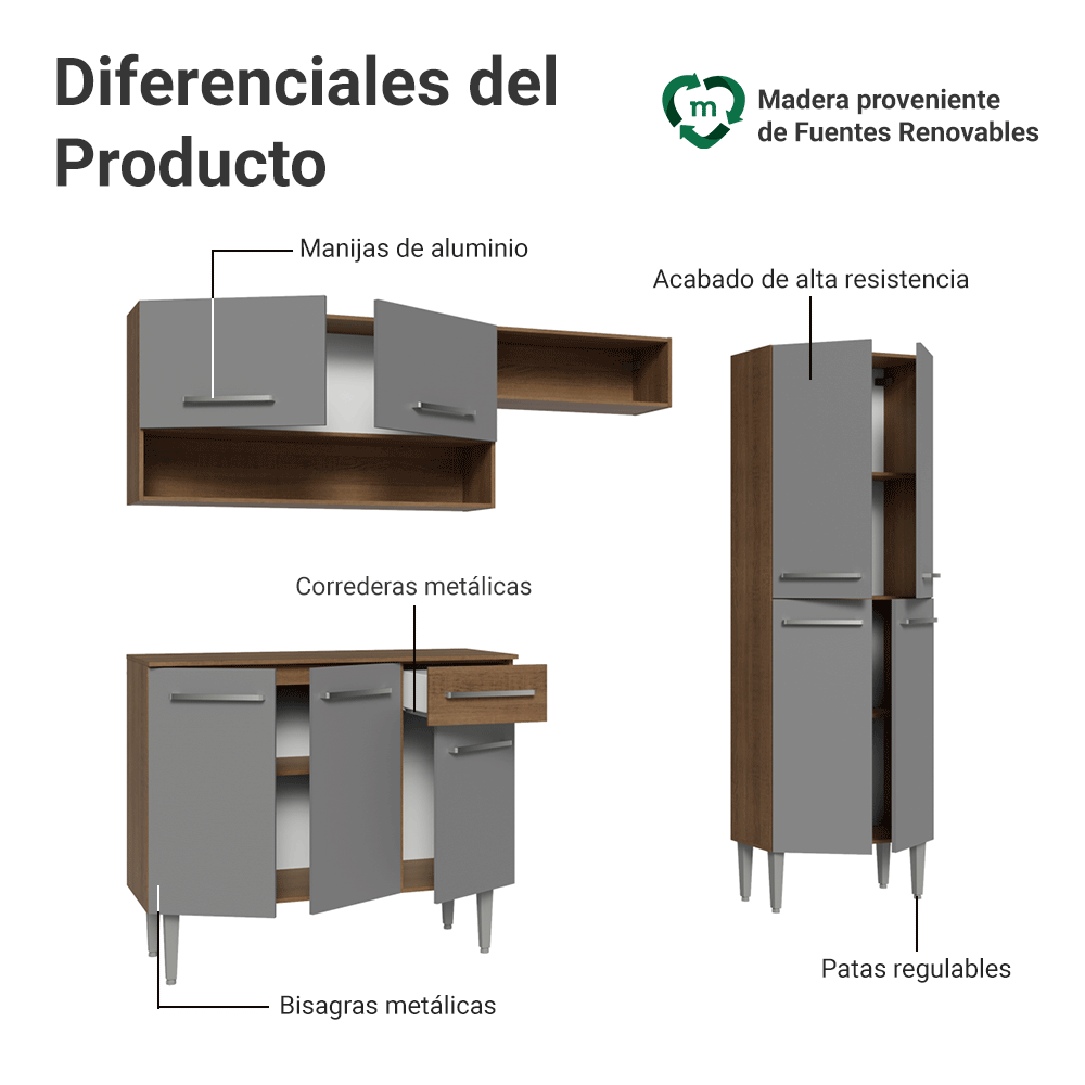 Cocina Compacta 229 cm Emilly Marrón/Gris 017