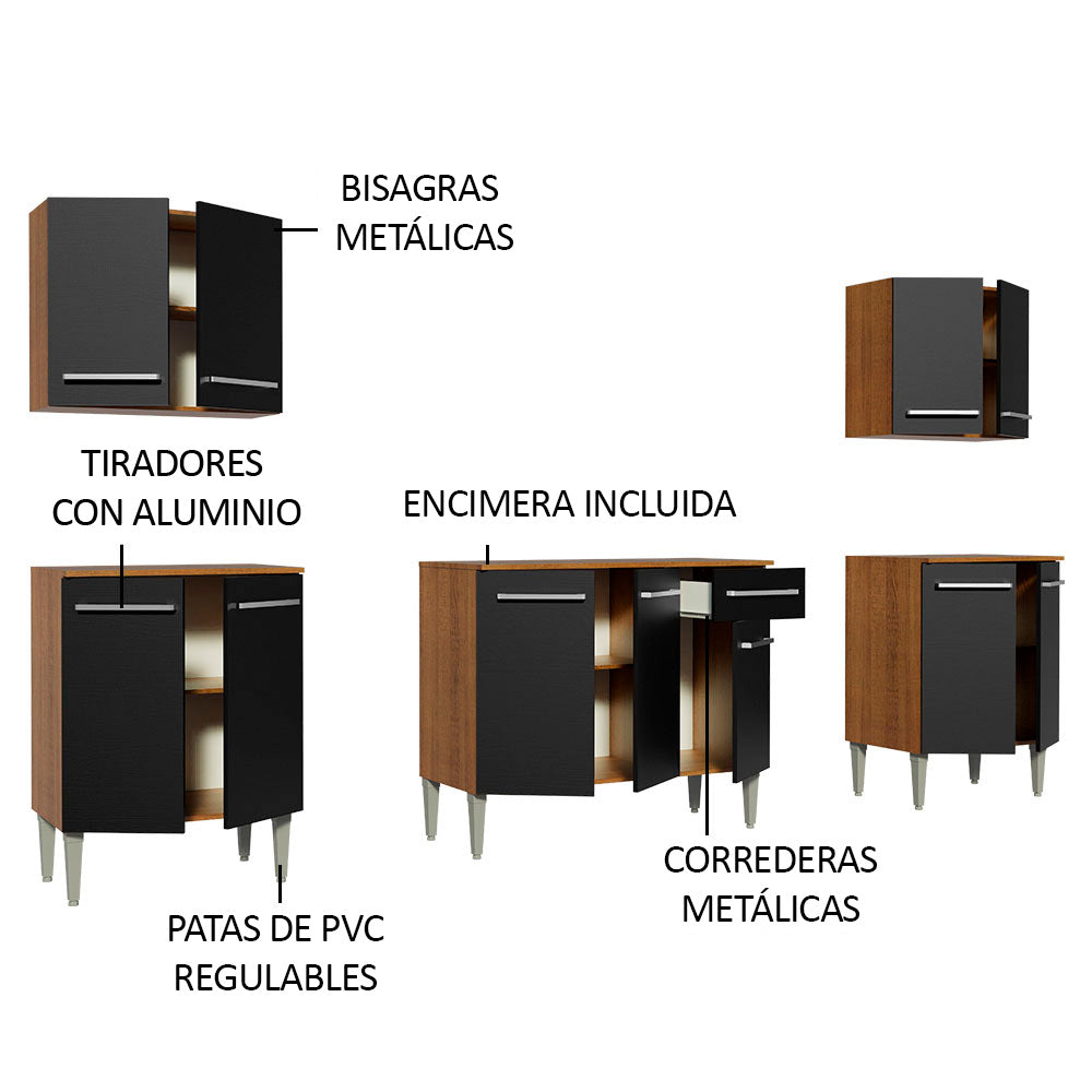 Combo completo de Cocina 233 cm 11 Puertas 1 Cajón Marrón/Negro Emilly Madesa