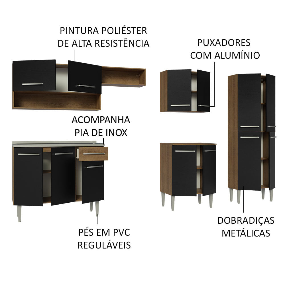 Combo completo de Cocina 293 cm 13 Puertas 1 Cajón con Bacha de Acero Inoxidable Marrón/Negro Emilly Madesa 09
