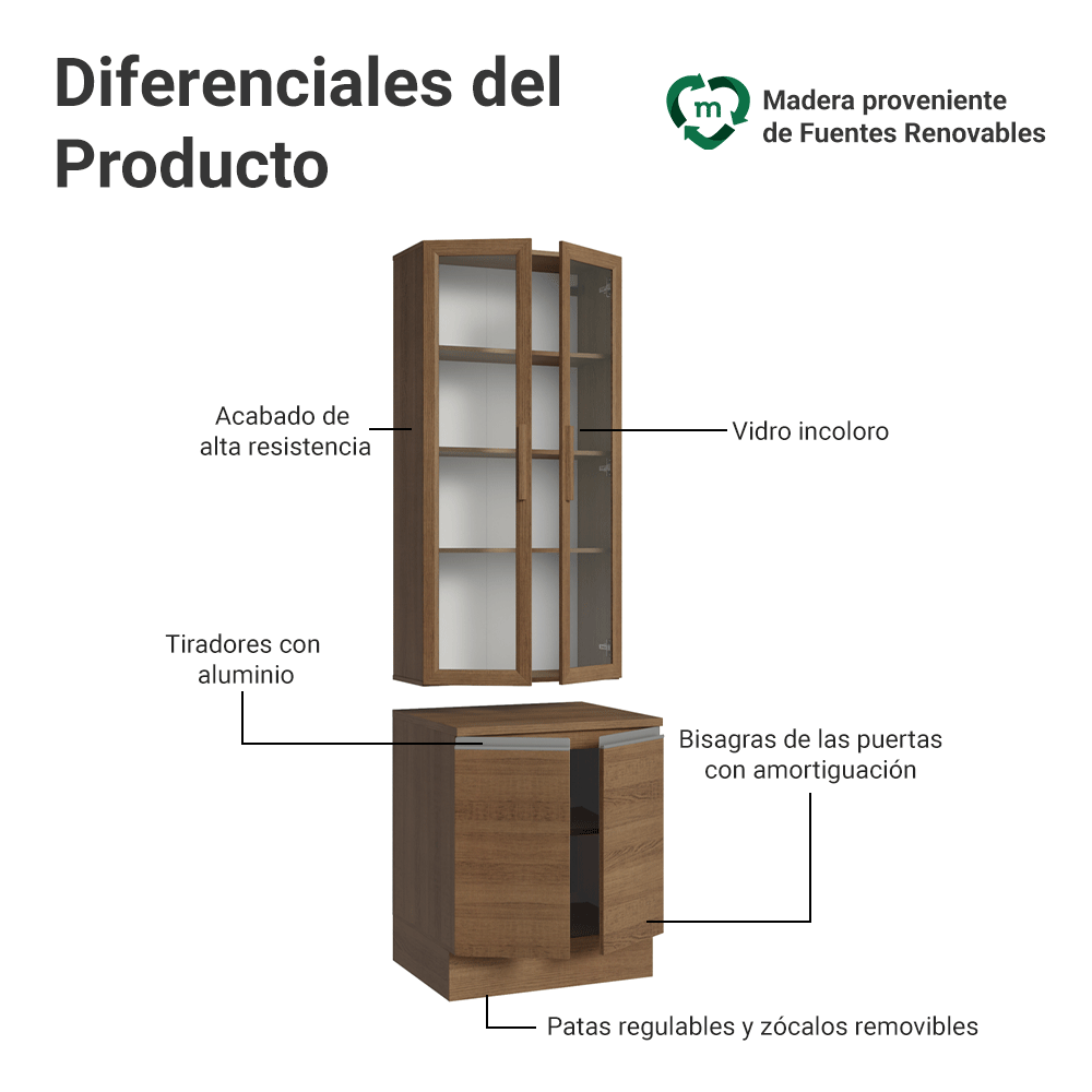 Kit Bajo Mesada + Cristalero 70cm Marrón Glamy Madesa 02