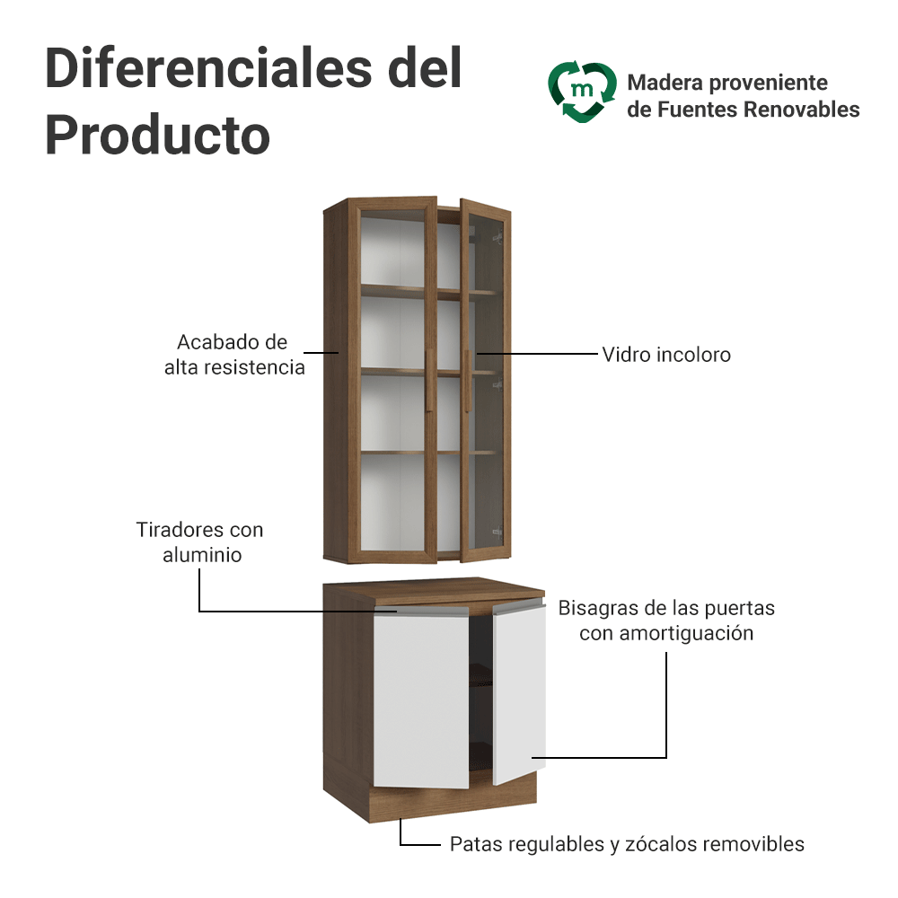 Kit Bajo Mesada + Cristalero 70cm Marrón/Blanco Glamy Madesa 02