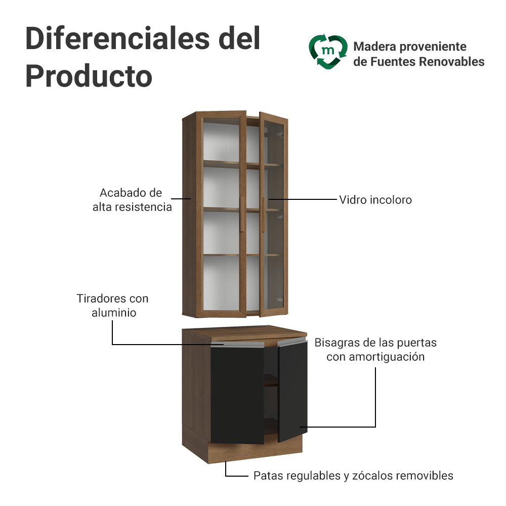 Kit Bajo Mesada + Cristalero 70cm Marrón/Negro Glamy Madesa 02
