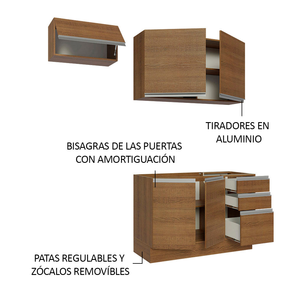 Cocina Compacta 180 cm 5 Puertas 3 Cajones Sin Mesada Marrón Glamy Madesa
