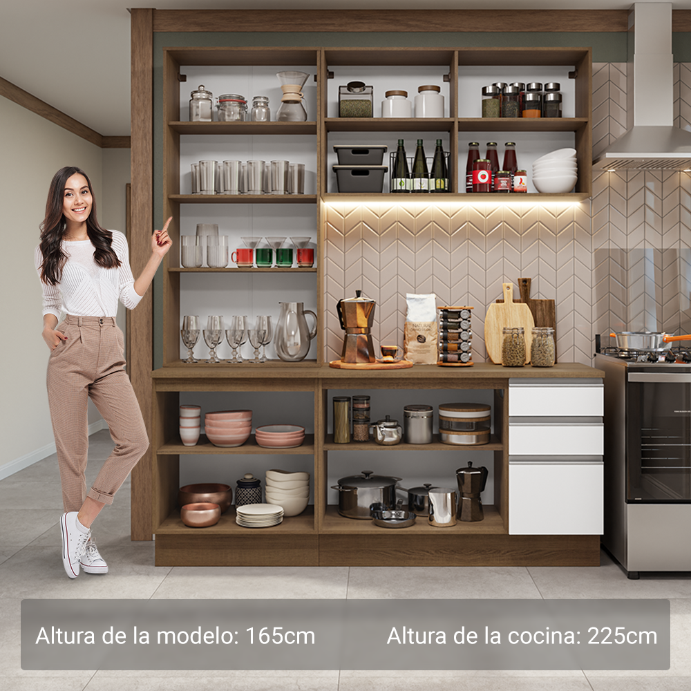 Cocina Compacta 190 cm 8 Puertas 3 Cajones Marrón/Blanco Glamy Madesa