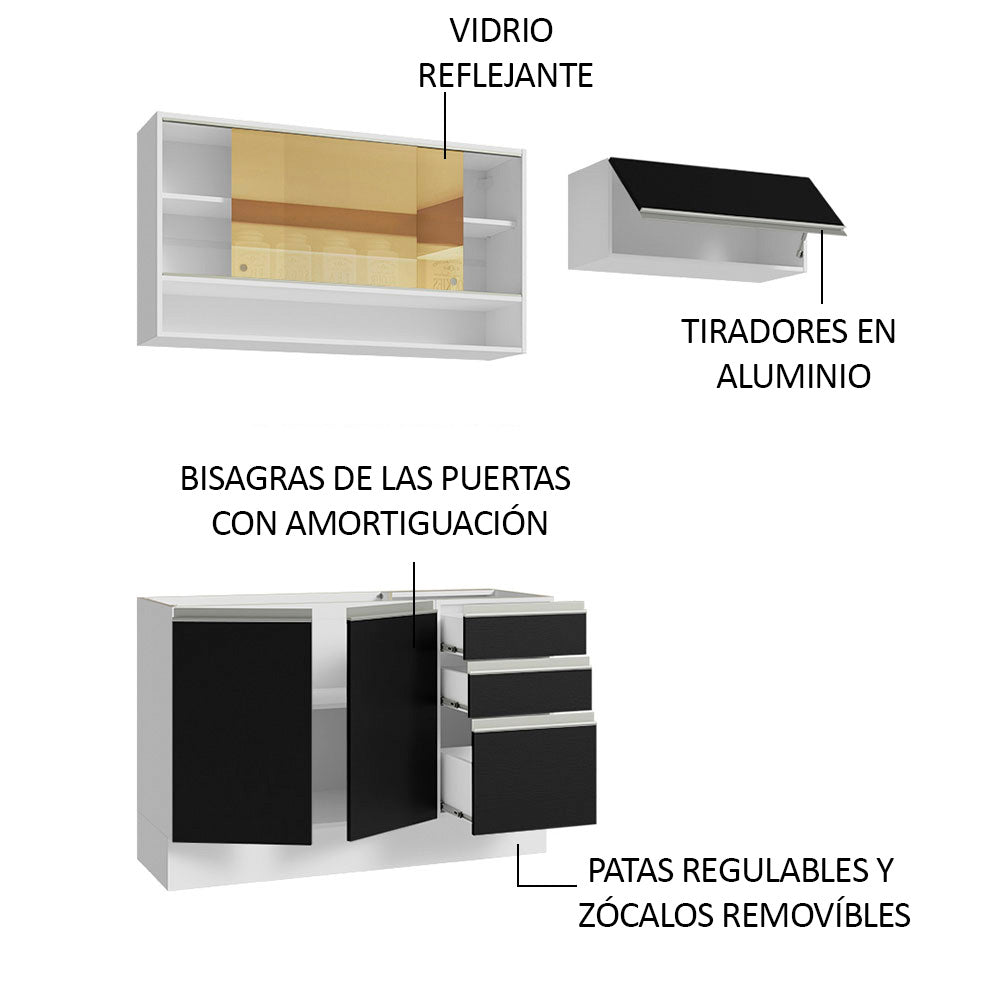 Cocina Compacta 200 cm 5 Puertas 3 Cajones Sin Mesada Blanco/Negro Glamy Madesa