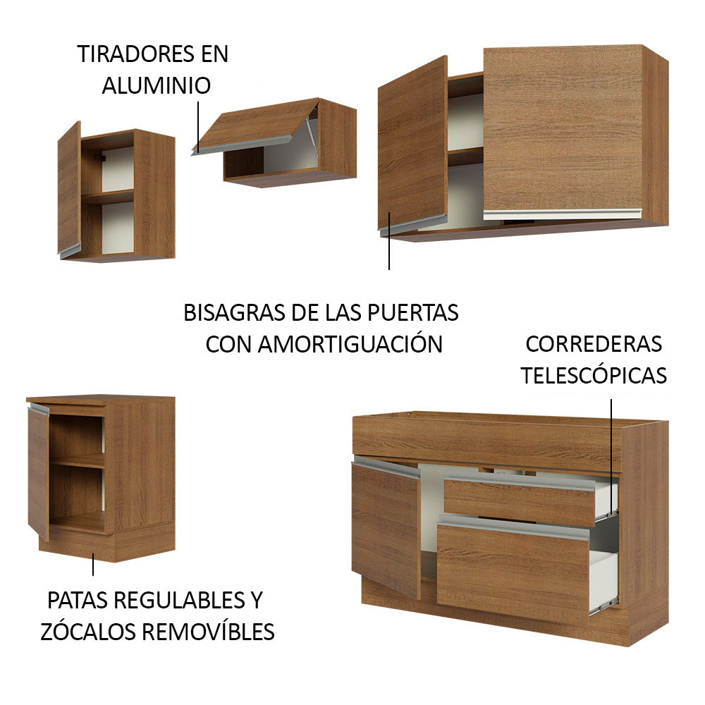 Combo completo de Cocina 240 cm 6 Puertas 2 Cajones Sin Mesada Marrón Glamy Madesa 08