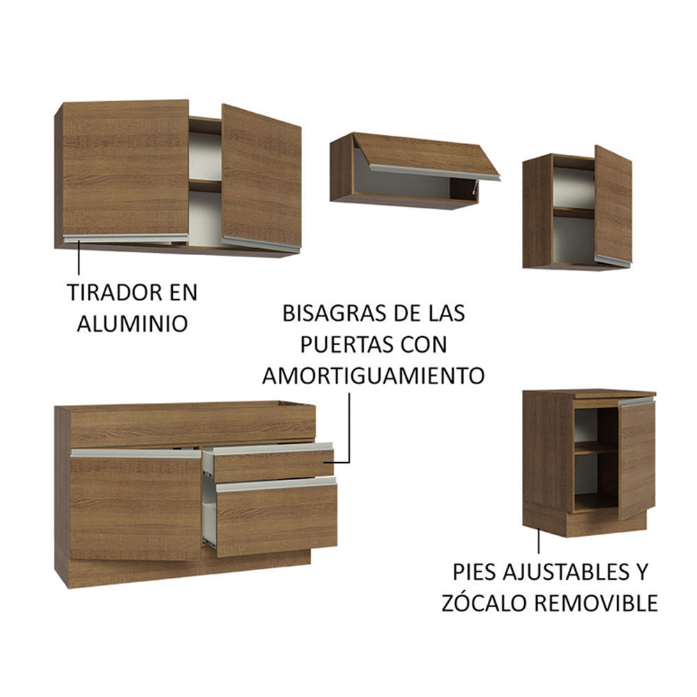 Combo completo de Cocina 260 cm 6 Puertas 2 Cajones Sin Mesada Marrón Glamy Madesa 05