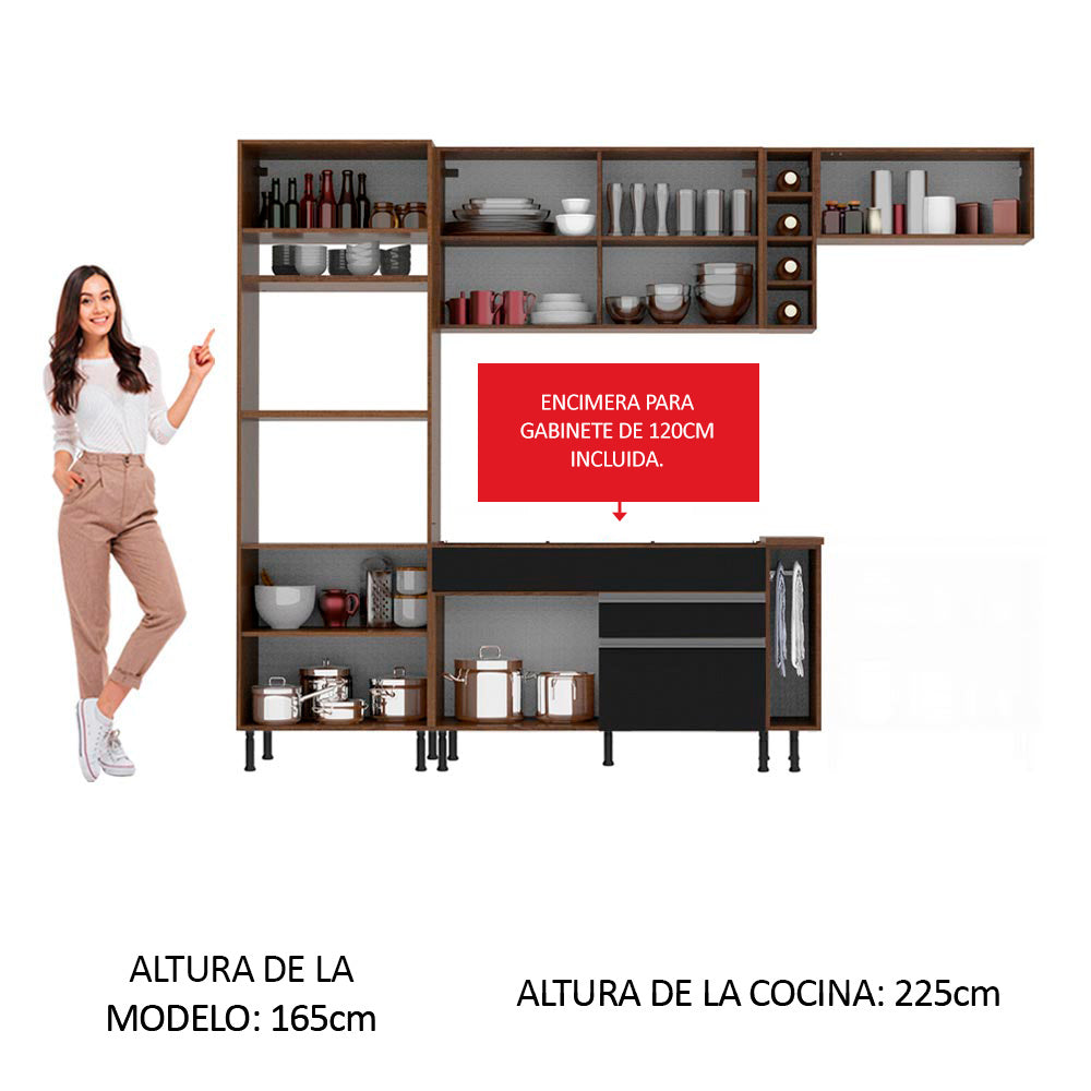 Combo completo de Cocina 290 cm 7 Puertas 2 Cajones con Patas Marrón/Negro/Crema Glamy Madesa