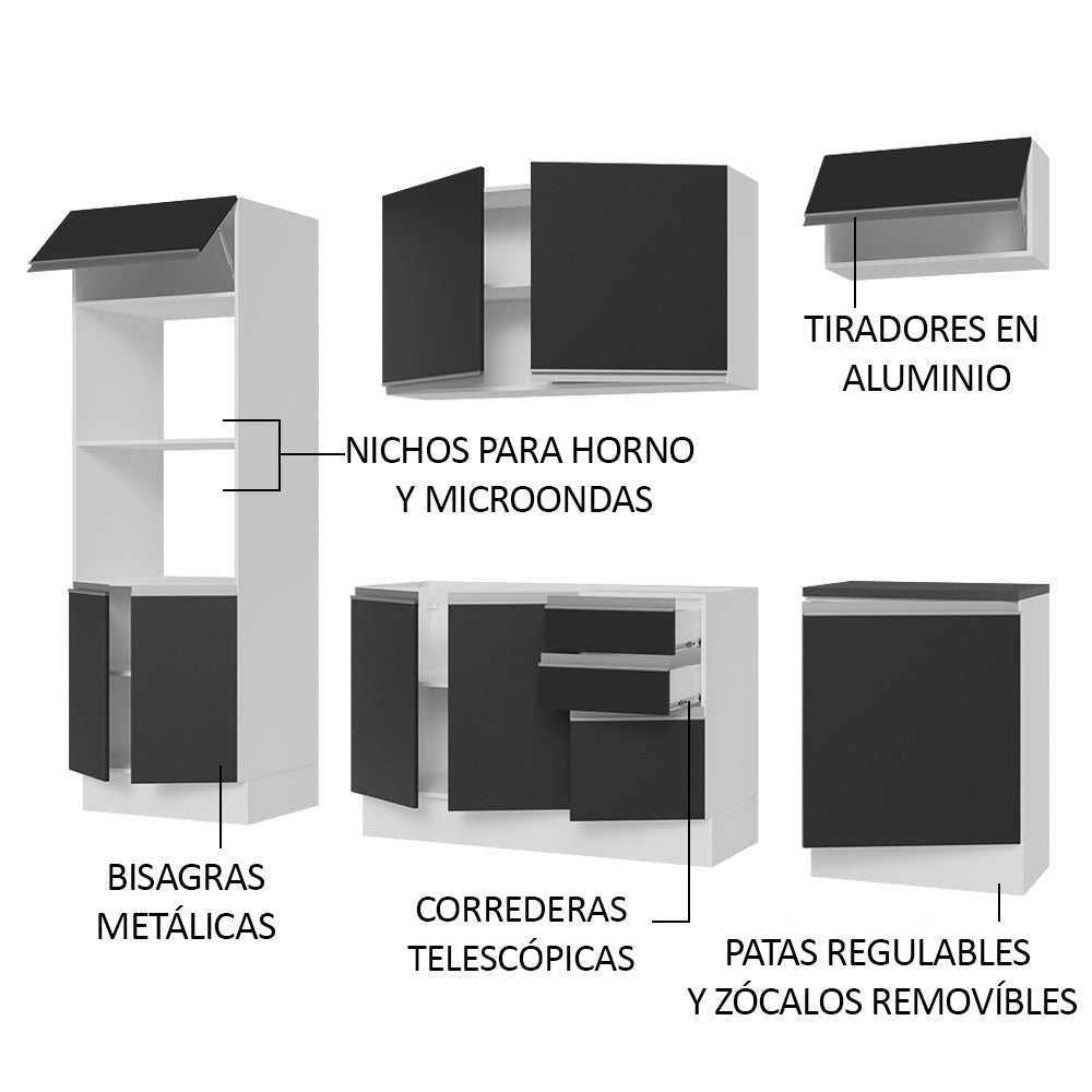 Combo Completo de Cocina 100% MDF 250 cm Blanco/Negro Acordes Madesa 03