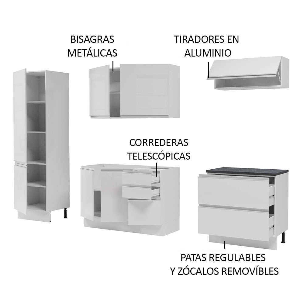 Combo Completo de Cocina 100% MDF 260 cm Frentes Blanco Brillante Acordes Madesa 01