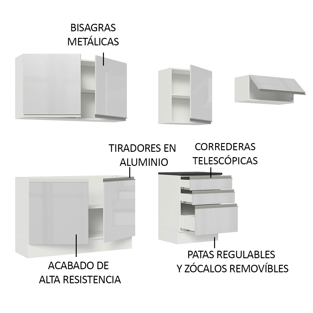 Combo Completo de Cocina 100% MDF 260 cm Frentes Blanco Brillante Acordes Madesa 03