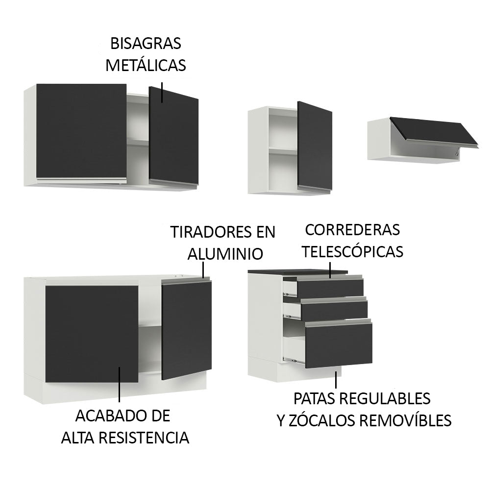 Combo Completo de Cocina 100% MDF 260 cm Blanco/Negro Acordes Madesa 03