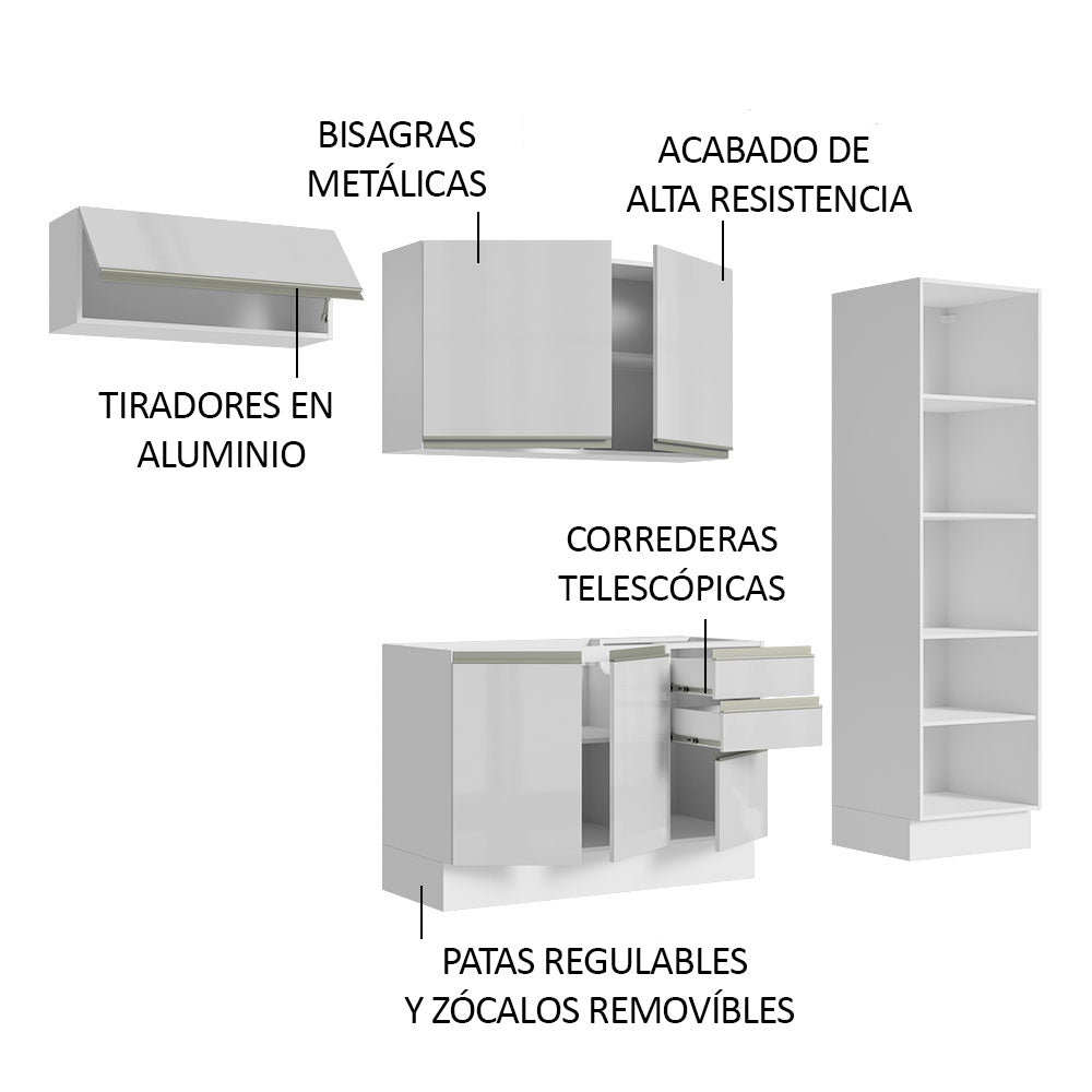 Combo Completo de Cocina 260 cm 100% MDF Frentes Blanco Brillante Acordes Madesa 04