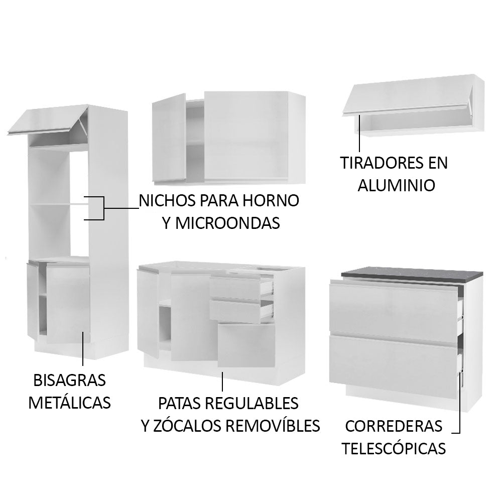 Combo Completo de Cocina 100% MDF 270 cm Frentes Blanco Brillante Acordes Madesa 06