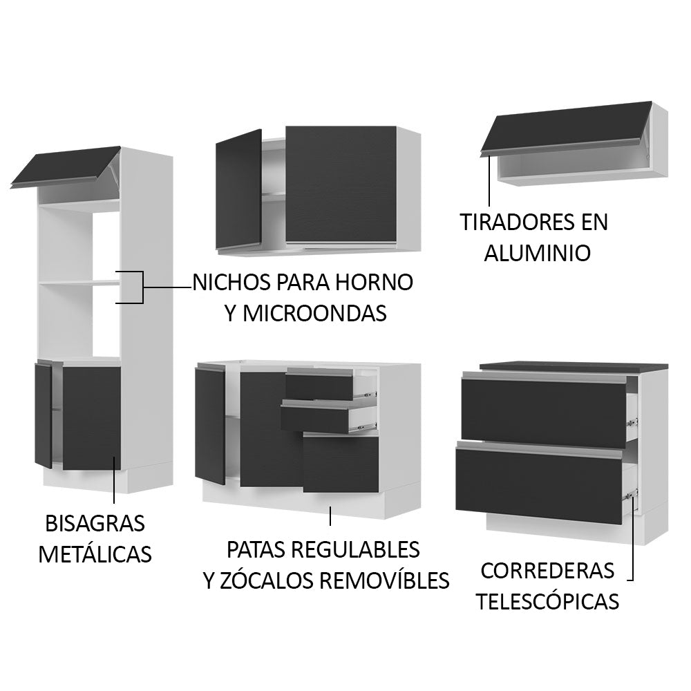 Combo Completo de Cocina 100% MDF 270 cm Blanco/Negro Acordes Madesa 06