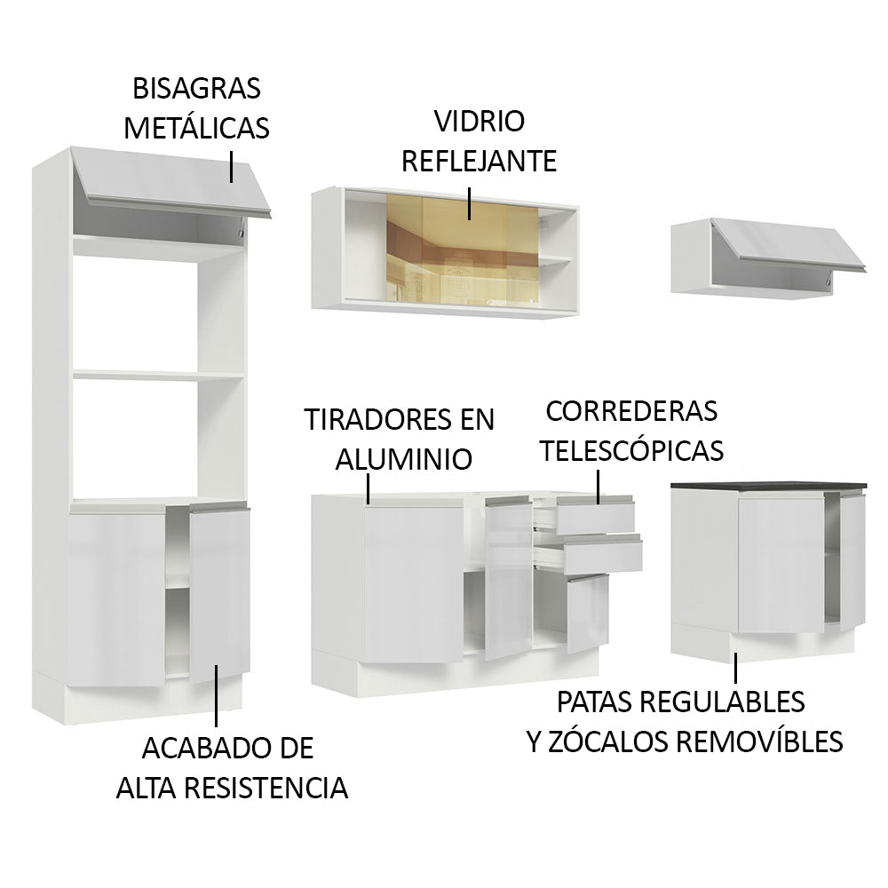 Combo Completo de Cocina 100% MDF 270 cm Frentes Blanco Brillante Acordes Madesa 07