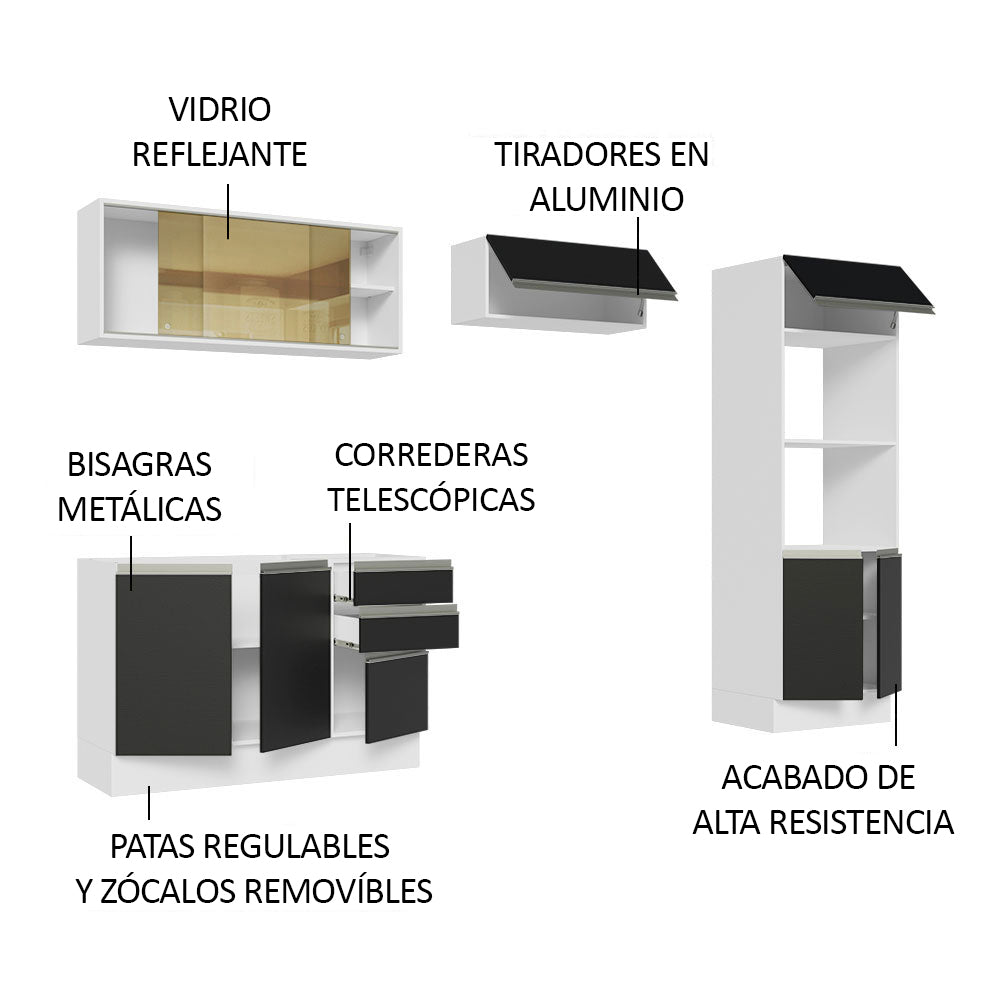 Combo Completo de Cocina 100% MDF 270 cm Blanco/Negro Acordes Madesa 08
