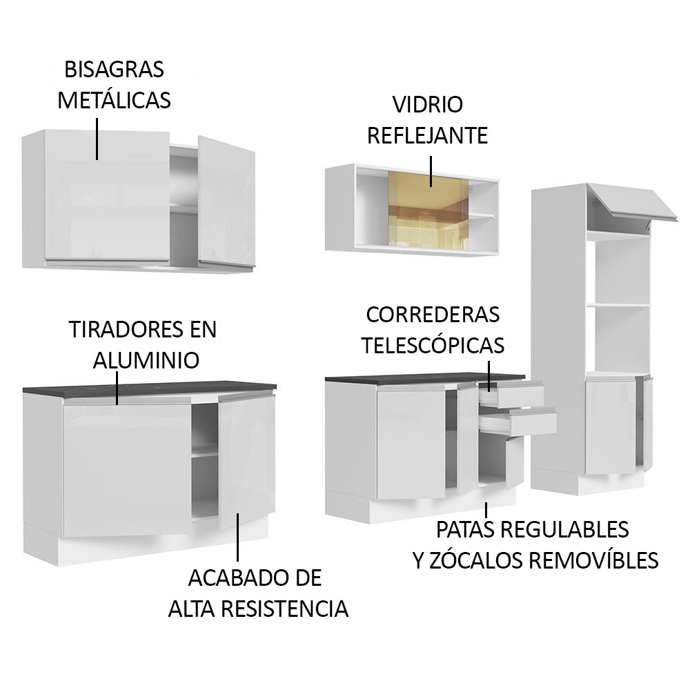 Combo Completo de Cocina 100% MDF 310 cm Frentes Blanco Brillante Acordes Madesa 01