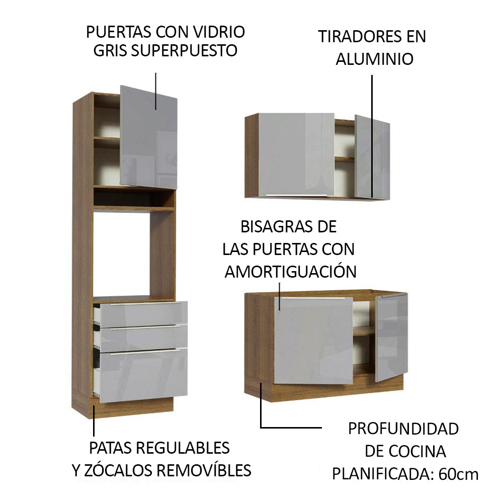 Combo de Cocina Compacta 180cm Marrón/Gris Lux Madesa 01